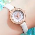 Elegant white leather watch with rose gold floral dial and sparkling rhinestone bezel - Rose Gold Case White Dial White Strap