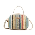 Colorful striped woven straw handbag with white leather handles and gold metal hardware - Style 3