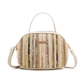 Three-color striped woven straw handbag with white PU leather handles and strap - Style 4