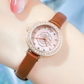 Gedi rose gold watch with pink floral dial, diamond bezel and brown leather strap - Rose Gold Case Yellow Dial Brown Strap