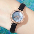 Women's rose gold watch with blue floral relief dial, diamond bezel and black leather strap - Rose Gold Case Blue Dial Black Strap