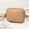 Beige crossbody camera bag featuring V-quilted texture and wide fabric shoulder strap - Yellow