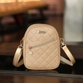 Elegant beige quilted crossbody bag with golden hardware and adjustable wide strap - Khaki