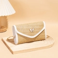 Woven straw crossbody bag with white trim, gold butterfly clasp and chain strap - White