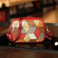 Red plaid geometric patchwork crossbody bag with textured PU leather and adjustable strap - Red