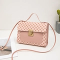 Pink checkered crossbody bag with vintage floral pattern and gold metal buckle - Pink