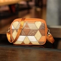 Retro geometric patchwork shoulder bag with orange leather trim and gold sunnypeity logo - Brown