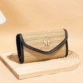 Straw woven shoulder bag in beige with black leather trim and butterfly ornament - Black