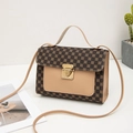 Brown and tan retro checkerboard small square crossbody bag with gold metal clasp closure - Coffee