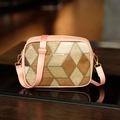 Brown checkerboard patchwork crossbody bag with pink fabric strap and gold hardware - Pink