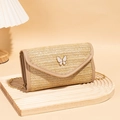 Chic beige straw crossbody bag featuring a white butterfly buckle and gold chain strap - Apricot