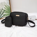 Black V-quilted crossbody bag and coin purse set with gold hardware and wide strap - Black