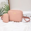 Pink quilted shoulder bag and coin purse set with V-shaped embroidery and wide strap - Pink