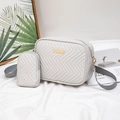 Light grey V-quilted crossbody camera bag set with a matching coin purse and fabric strap - Gray