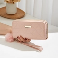 Pale pink long double-layered women's wallet with quilted pattern and pompom charm - Pink