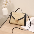 Minimalist straw woven square crossbody bag with black trim and gold metal clasp - Black