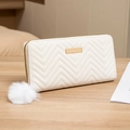 White quilted PU leather long wallet with golden zipper and fluffy pompom keychain - White