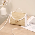 Beige and white woven crossbody bag with vintage gold metal lock and leather trim - White