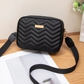 Chic black chevron quilted camera bag for women with wide canvas strap and gold hardware - Black