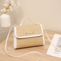 Woven crossbody bag in beige straw with white leather trim and gold metal logo - White
