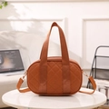Brown Boston bag with quilted lattice pattern and adjustable shoulder strap for women - Brown