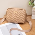 Beige crossbody camera bag with V-shaped quilting and wide canvas shoulder strap - Apricot
