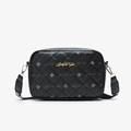Black quilted crossbody bag with golden Luck For You logo and printed pattern - Black