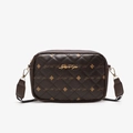 Dark brown quilted camera bag with Luck For You gold print and woven strap - Coffee