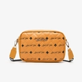 Quilted crossbody camera bag in ginger yellow with Luck For You print and wide strap - Yellow