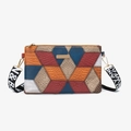 Bolso bandolera de patchwork multicolor con correa ancha estampada y cuero sintético - Cuadros Multicolores Con Marrón