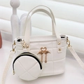 Elegant white quilted tote bag set with golden flamingo charm and slim shoulder strap - White