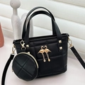 Mini black quilted tote bag with gold flamingo accents and detachable round coin purse - Black