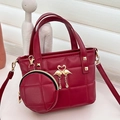 Deep red quilted tote bag with matching round coin purse and gold flamingo charm detail - Red