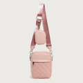 Pink quilted 2-piece crossbody bag set with wide textile strap and mini coin purse - Pink