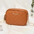 Caramel brown quilted crossbody camera bag with gold chain strap on silk fabric - Brown