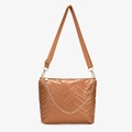 Caramel brown quilted crossbody bag with chevron stitching and golden chain detail - Brown