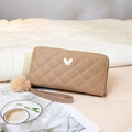 Khaki quilted long wallet with butterfly metal decor and fluffy fur pompom charm - Brown