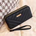 Women's black long double zipper wallet with diagonal quilting and gold hardware - Black