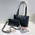 Black 2-piece tote bag set with checkered embroidery and wide LOVE strap detail - Black