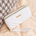 White quilted chevron long wallet for women with double zippers and wrist strap - White