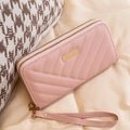 Pink quilted long wallet for women with double zippers and elegant gold metal plaque - Pink