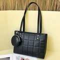 Classic black quilted tote bag with matching round coin purse and gold hardware accents - Black