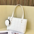 White checkered quilted tote bag with golden studs and a small round coin purse charm - White