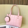 Pink quilted tote bag with matching coin purse and pale gold hardware accents - Pink