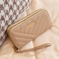Beige quilted long wallet for women with double zipper and wrist strap - Apricot