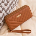Caramel brown long women's wallet with double zippers and quilted faux leather texture - Brown