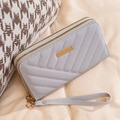 Light grey double-zipper quilted long wallet for women with golden hardware and wrist strap - Gray