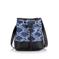 Secchiello in denim blu con motivo trapuntato a frange e chiusura a coulisse in pelle nera - Rombo Blu