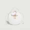 White round woven pattern crossbody bag with golden flamingo charms and dual zippers - White