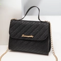 Minimalist black woven handbag with gold chain strap and textured straw finish - Black